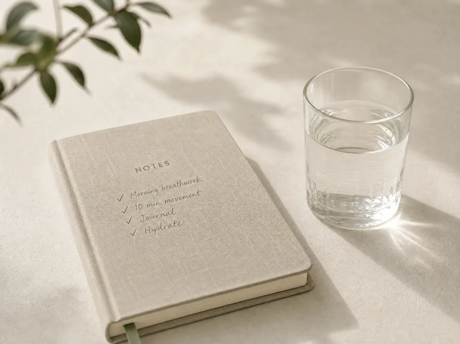 A notebook with the morning's habits ticked off
